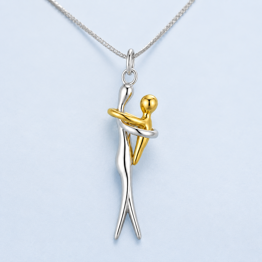 Eternal Embrace necklace worn on neck, side view